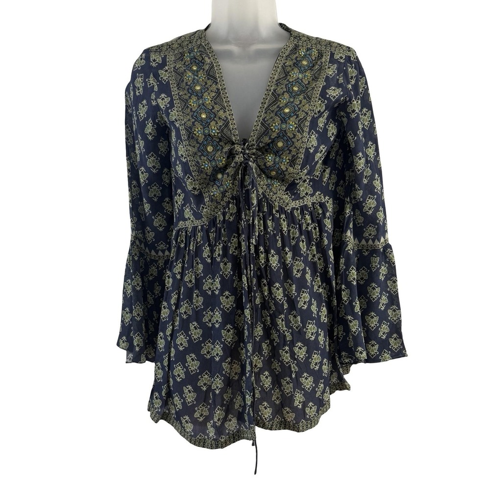 Ritu Kumar Tunic Top Womens XS Blue Paisley Embroidered Boho Kurti Long Sleeve